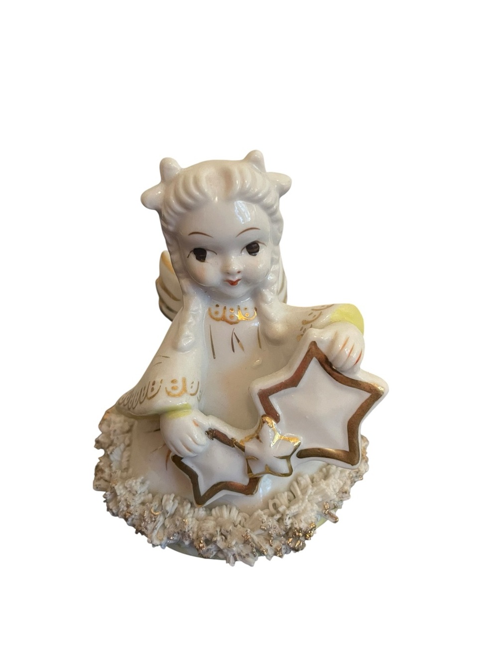 Vintage Blume Japan Porcelain Angel Figurine Spaghetti Trim Gold Star Yellow